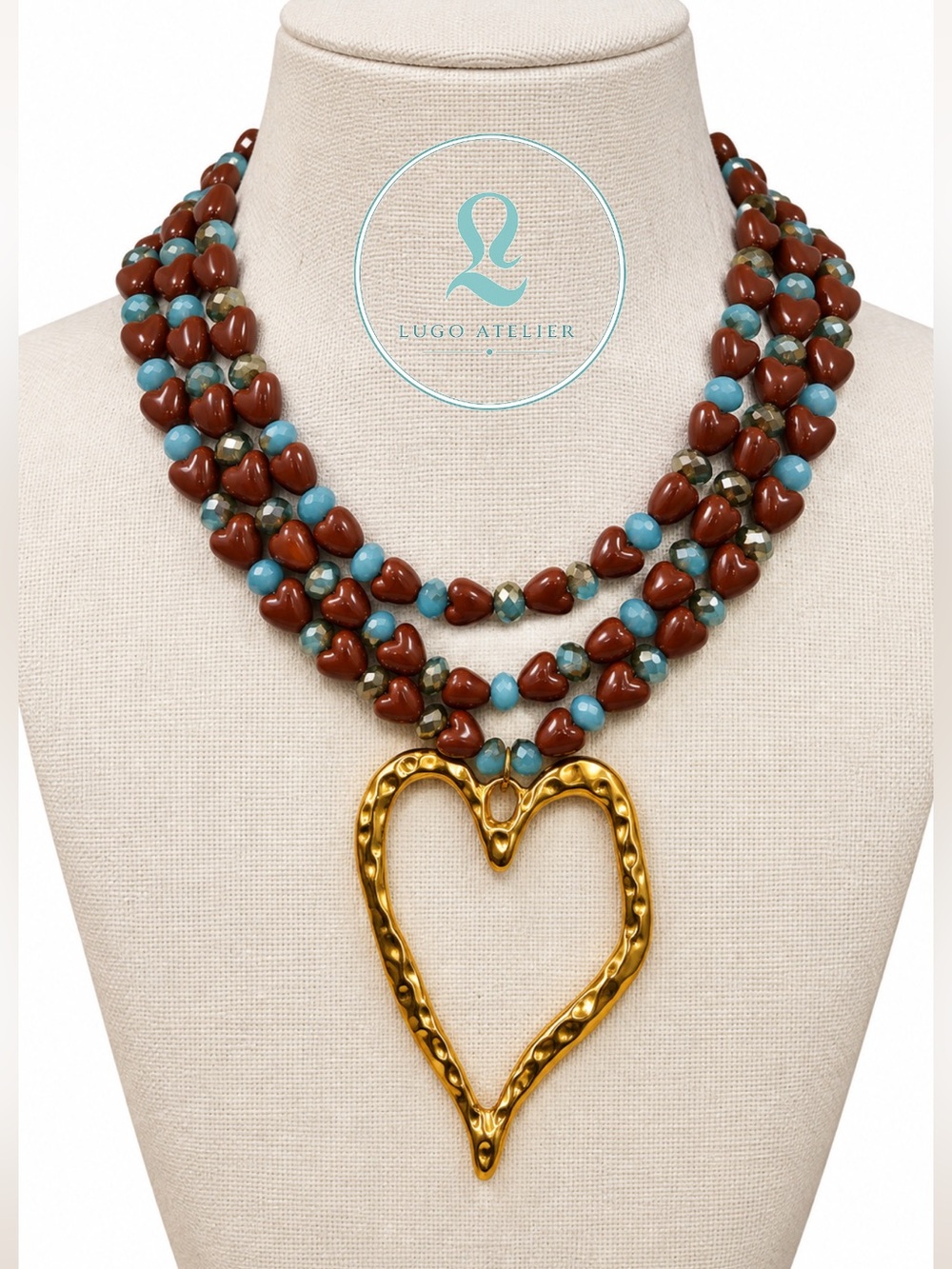 Multistrand Brown and Turquoise Bead Necklace with Gold Heart Pendant